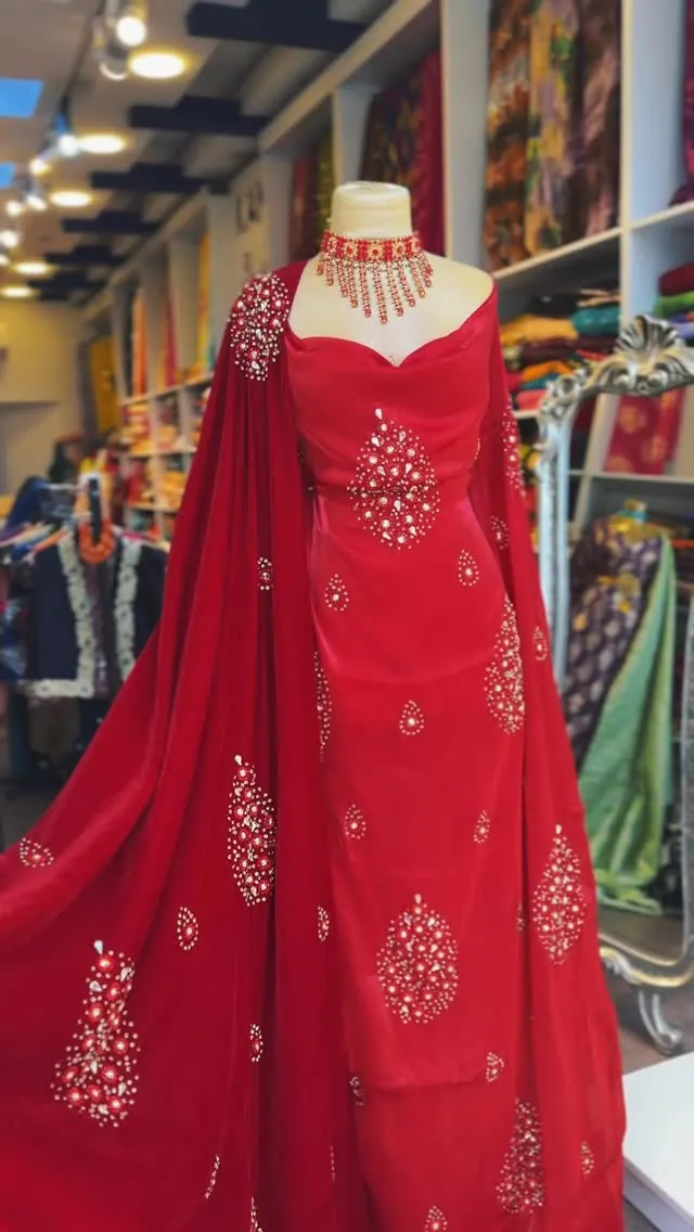 Red Embellished Formal Gown with Cape
