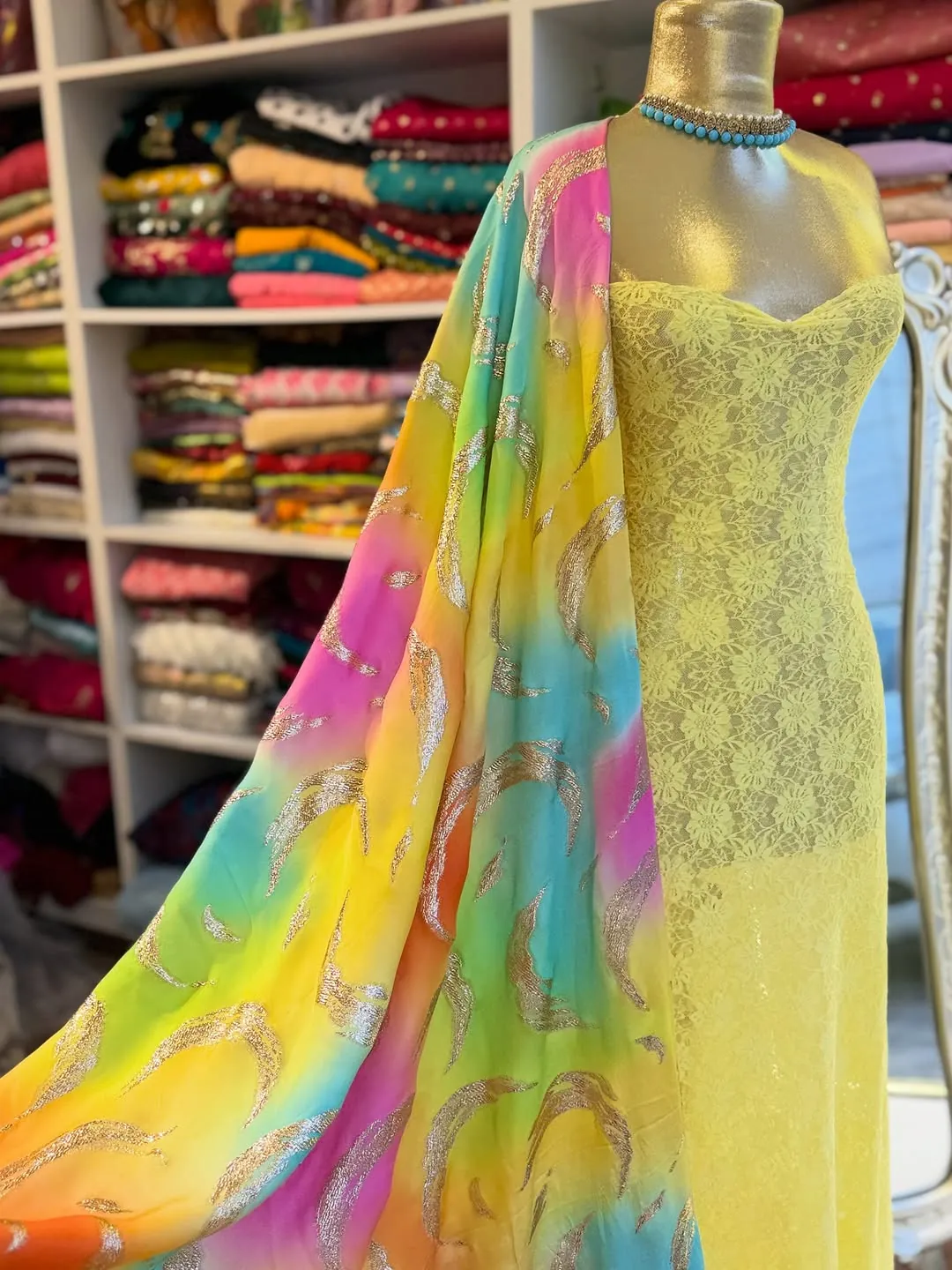 Yellow Lace Dress with Colorful Printed Shawl