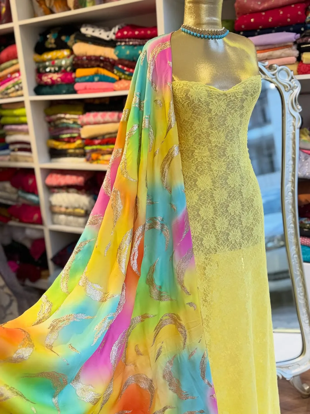 Yellow Lace Dress with Colorful Printed Shawl
