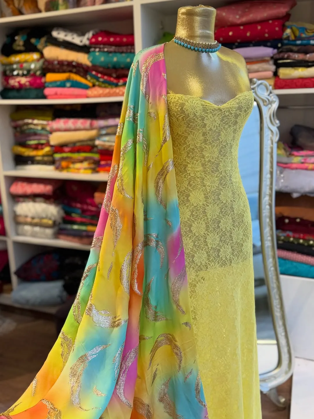 Yellow Lace Dress with Colorful Printed Shawl