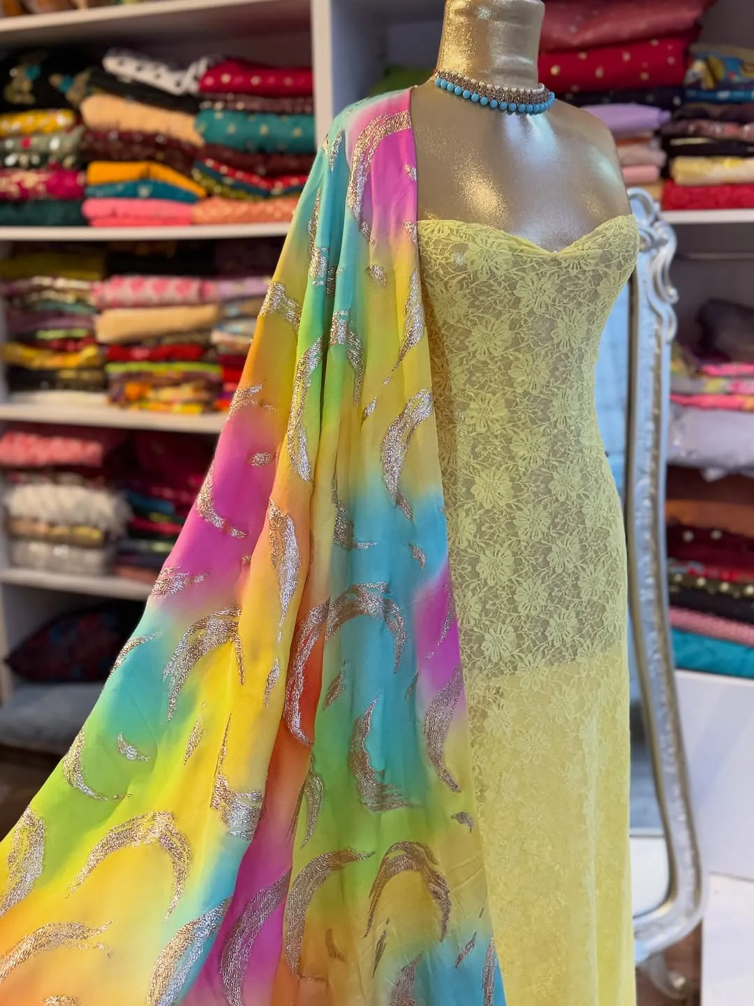 Yellow Lace Dress with Colorful Printed Shawl