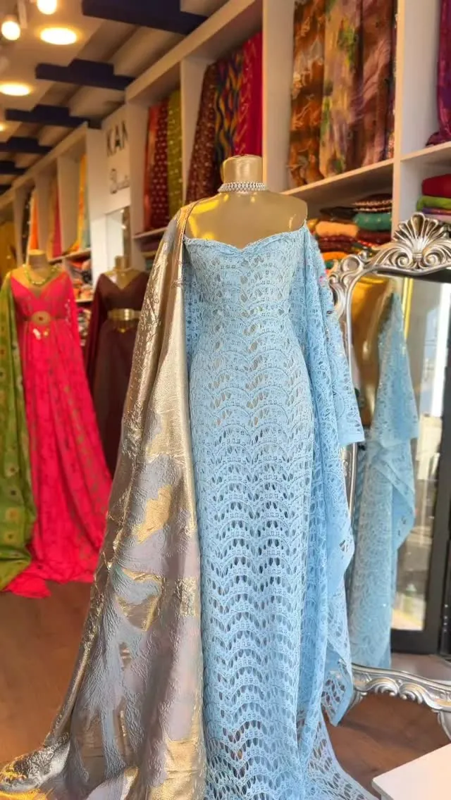 Light Blue Lace Dress with Metallic Shawl