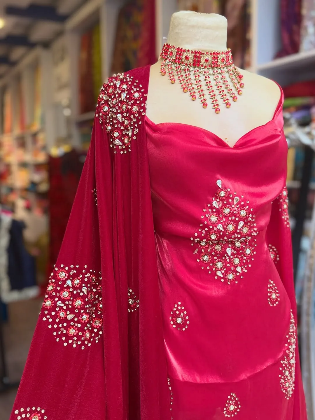 Red Embellished Formal Dress with Necklace