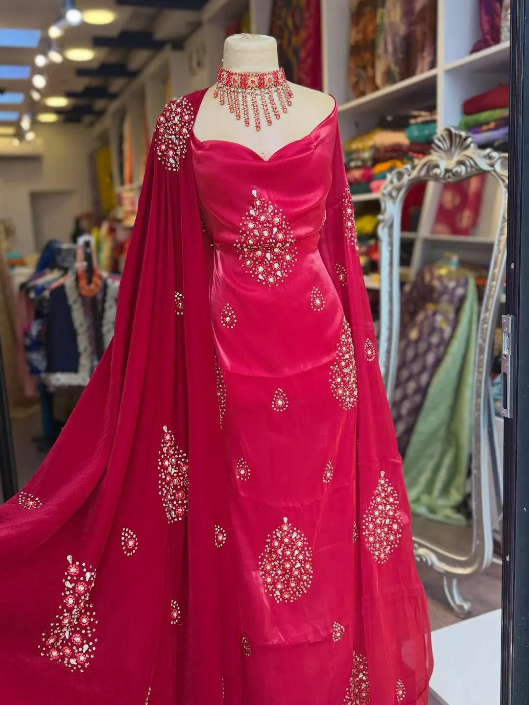 Red Embellished Formal Dress with Necklace