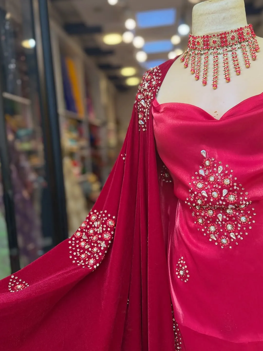Red Embellished Formal Dress with Necklace