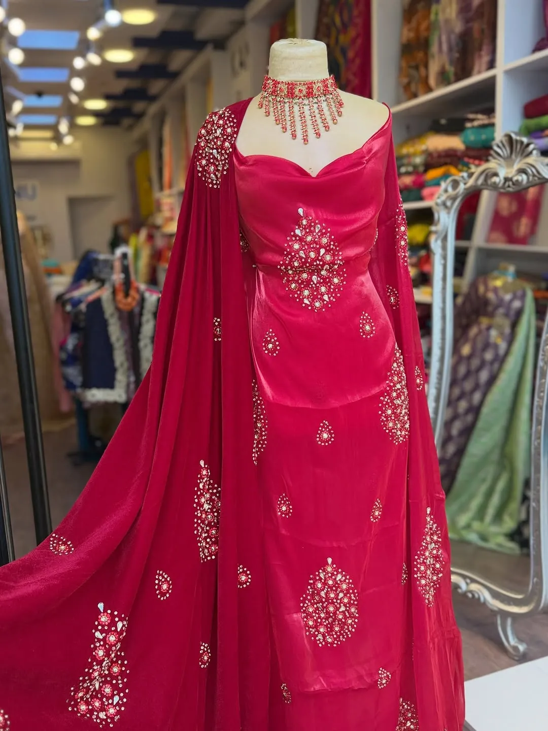 Red Embellished Formal Dress with Necklace