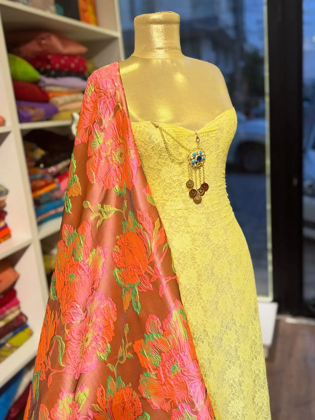 Yellow Lace Dress with Floral Embroidered Shawl
