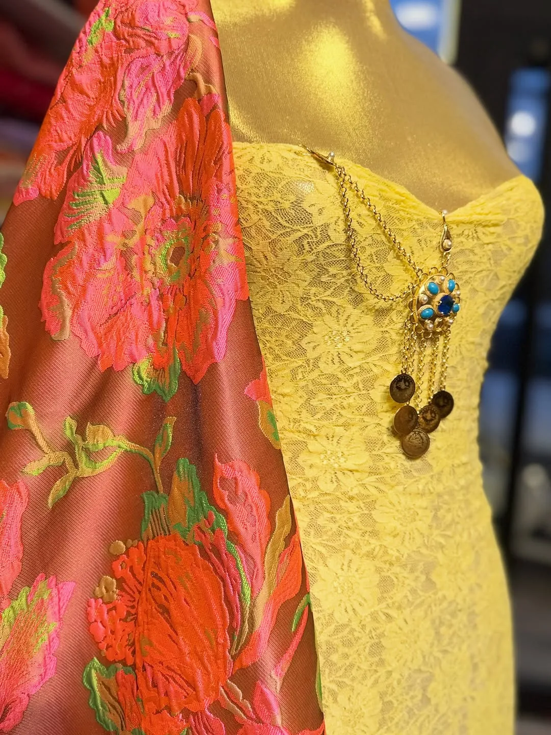 Yellow Lace Dress with Floral Embroidered Shawl