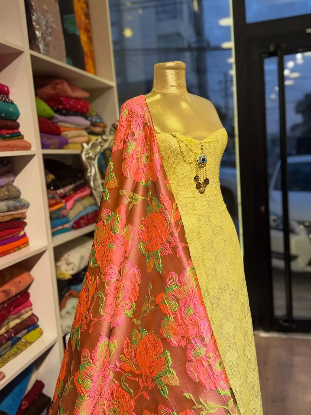 Yellow Lace Dress with Floral Embroidered Shawl