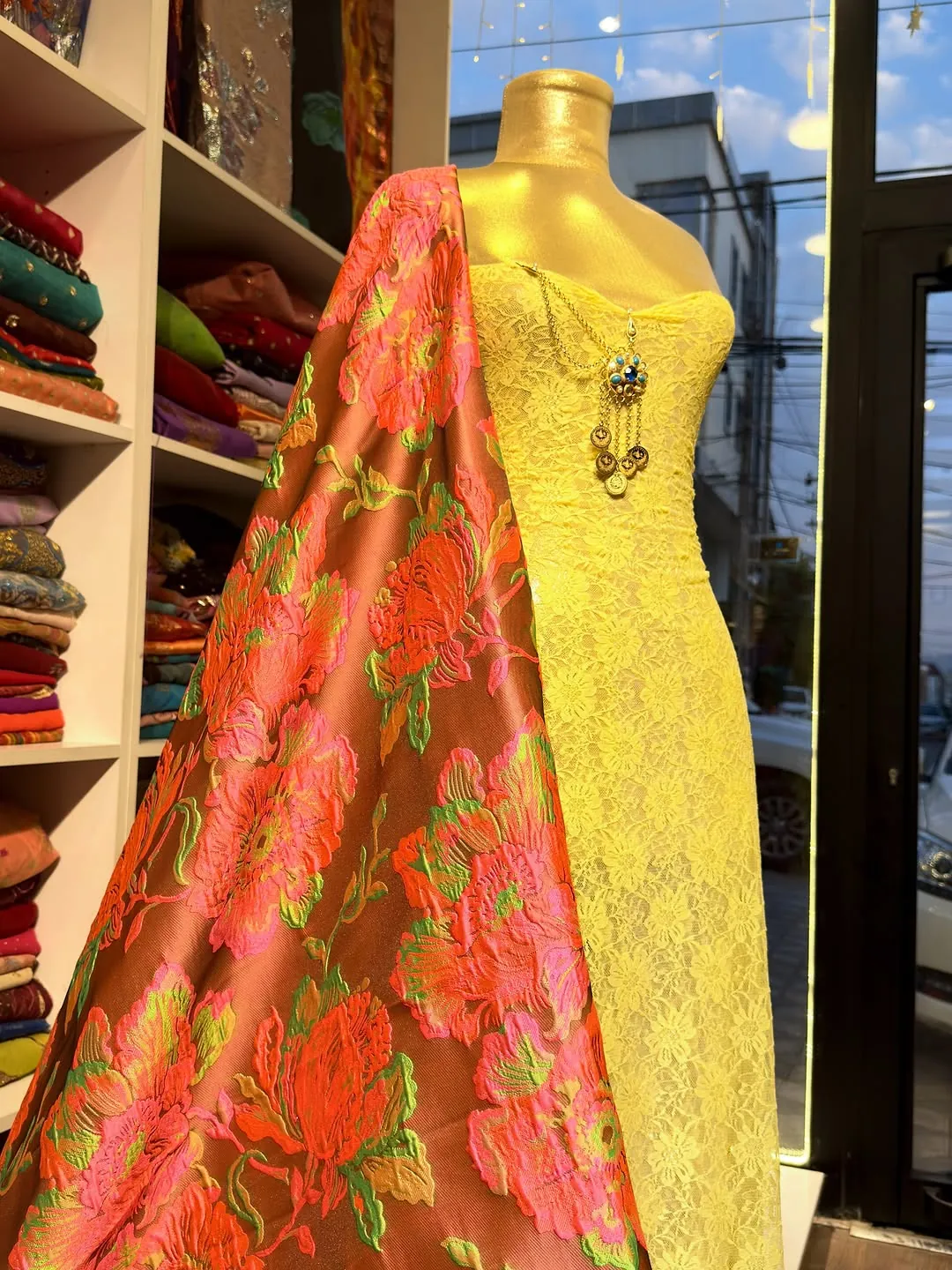 Yellow Lace Dress with Floral Embroidered Shawl
