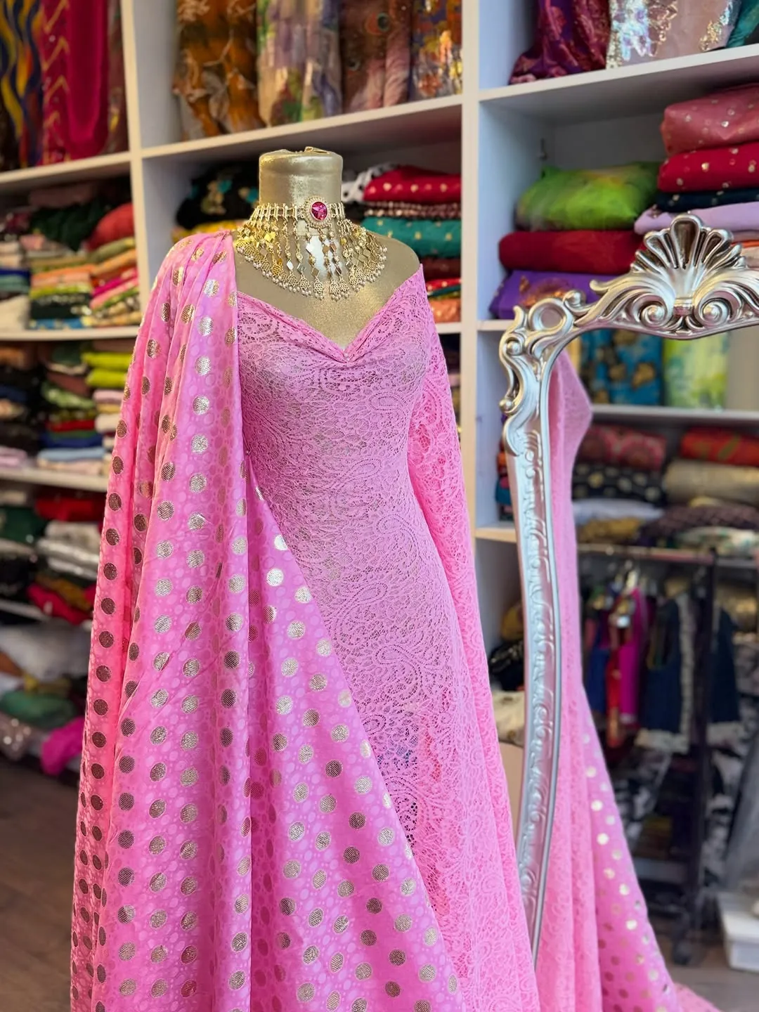 Pink Lace Gown with Polka Dot Dupatta