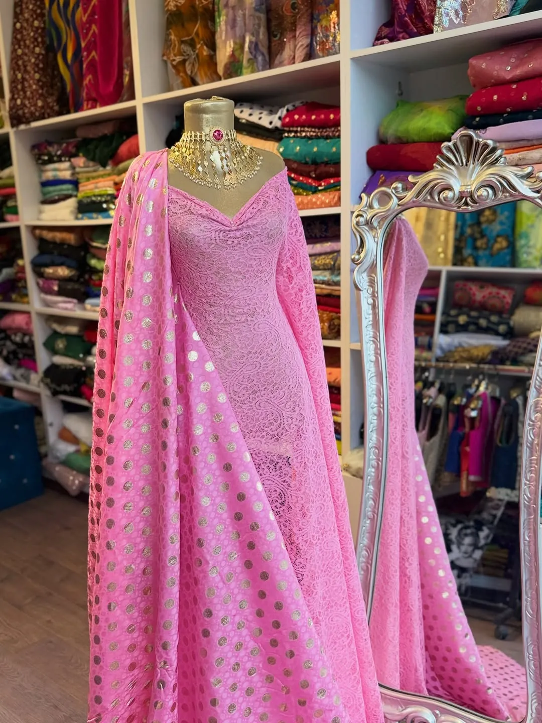 Pink Lace Gown with Polka Dot Dupatta