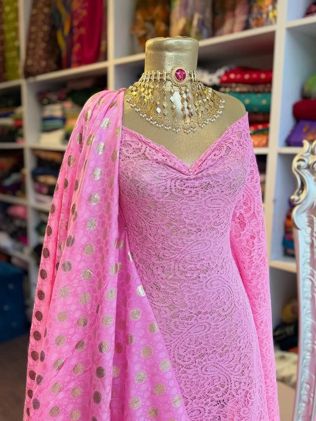 Pink Lace Gown with Polka Dot Dupatta