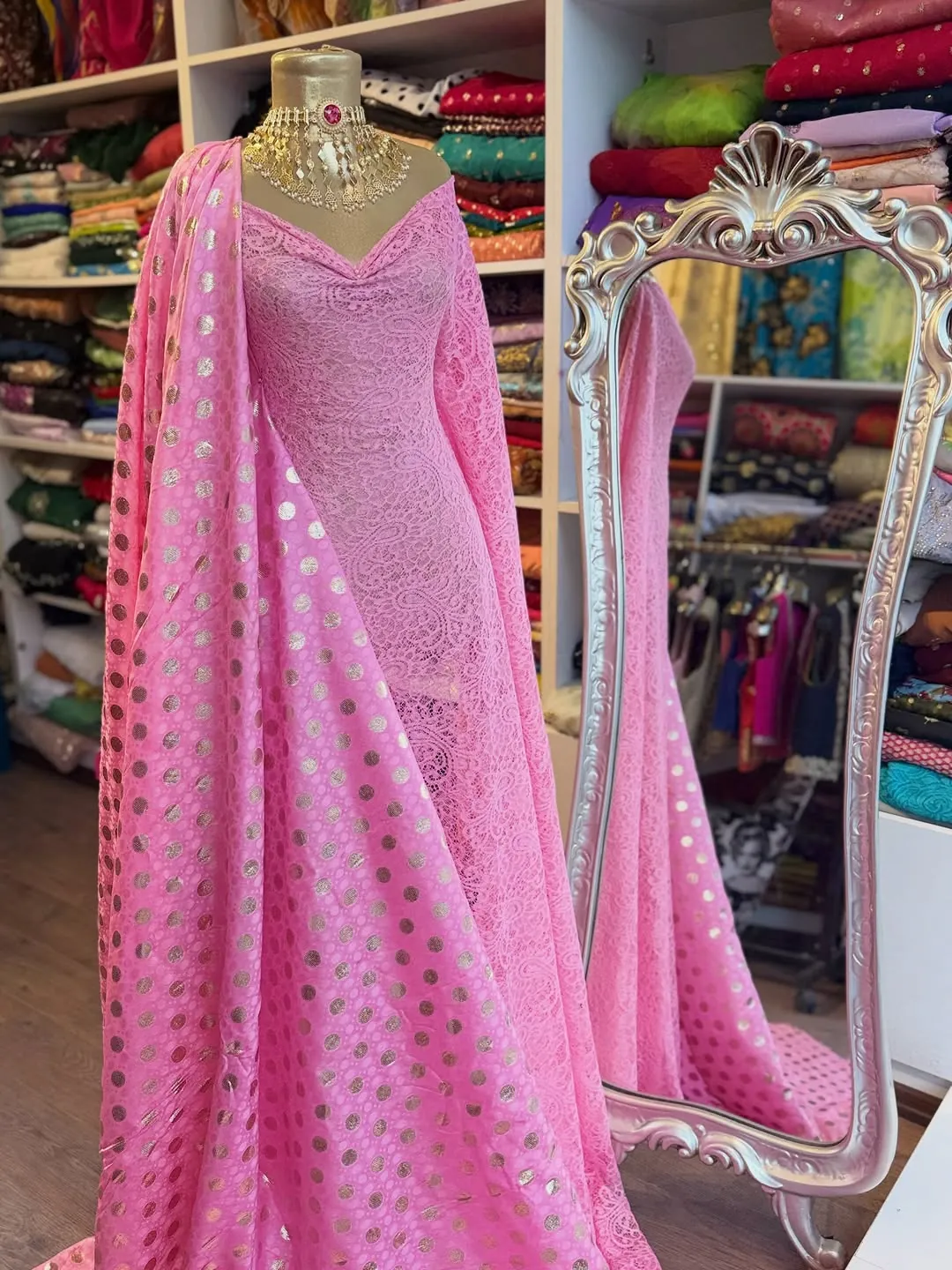 Pink Lace Gown with Polka Dot Dupatta