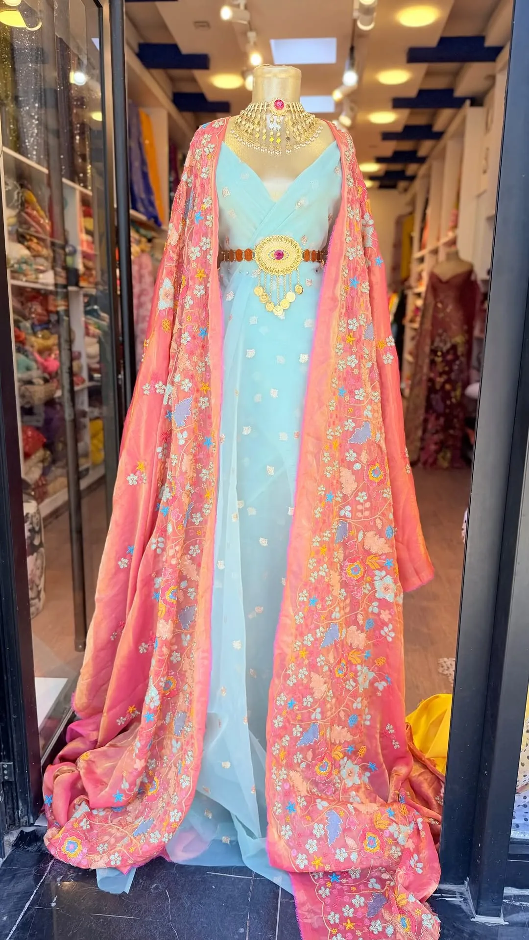 Light Blue Dress with Pink Floral Embroidered Cape