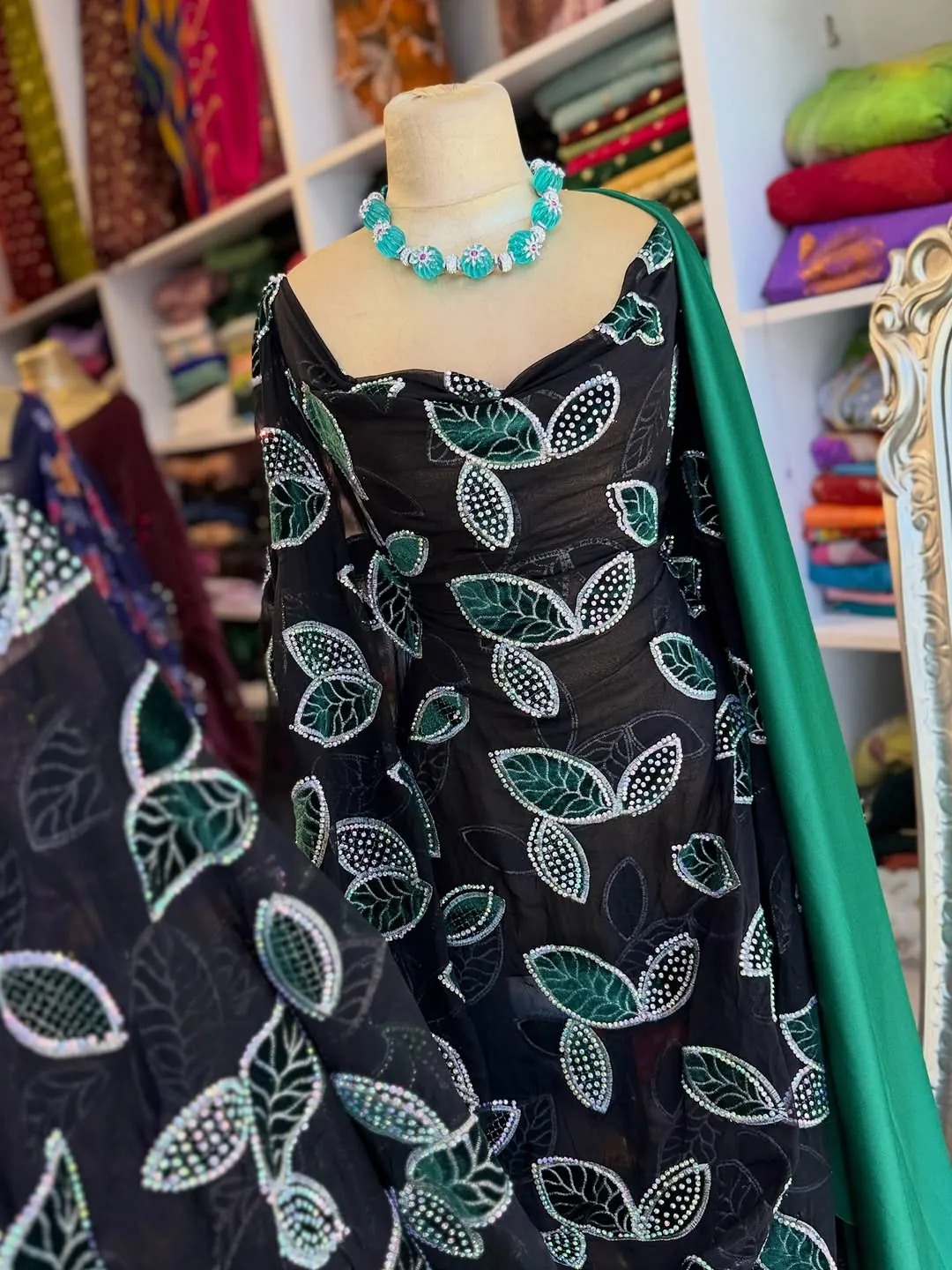 Black Evening Dress with Leaf Embroidery