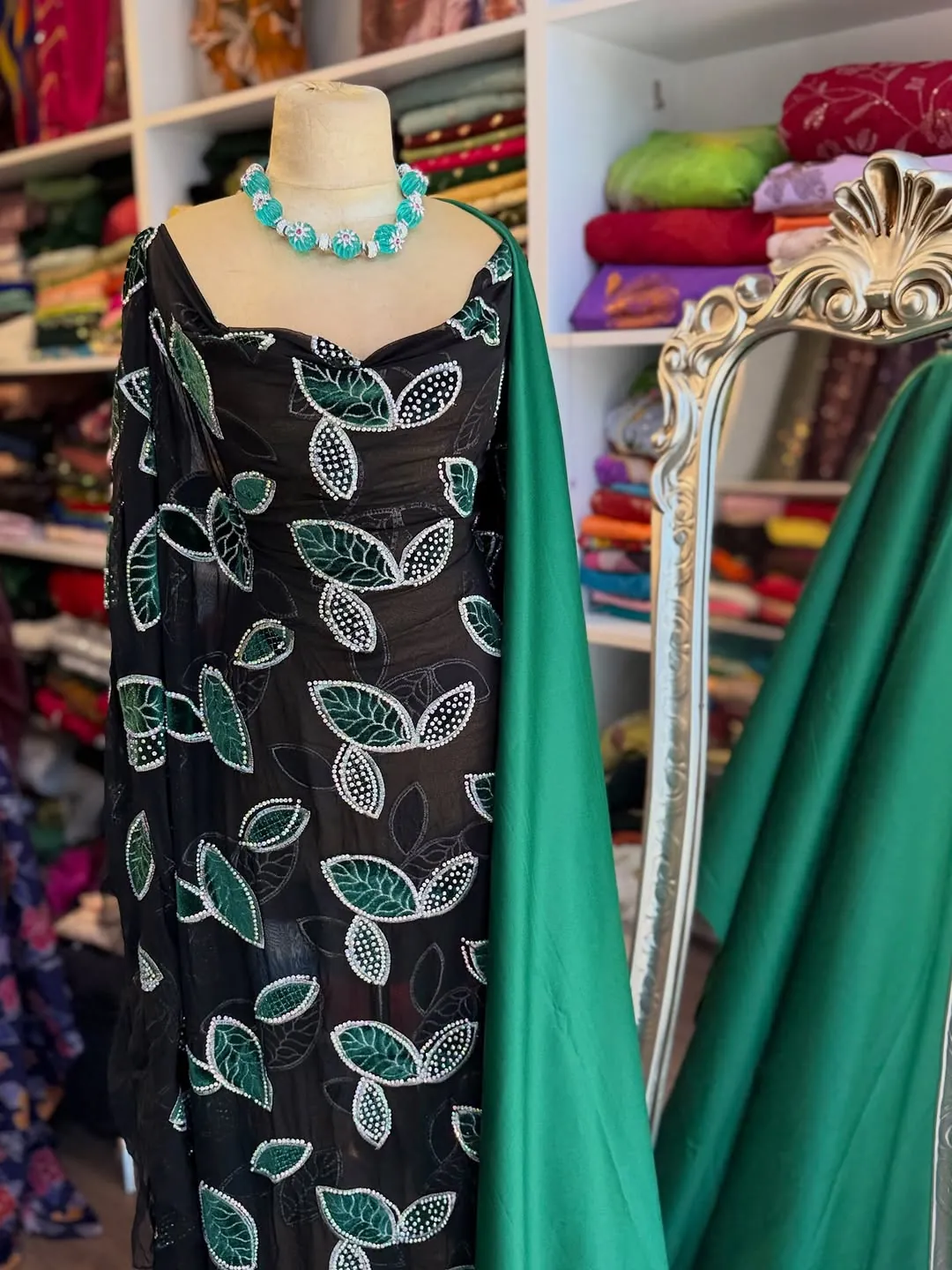 Black Evening Dress with Leaf Embroidery
