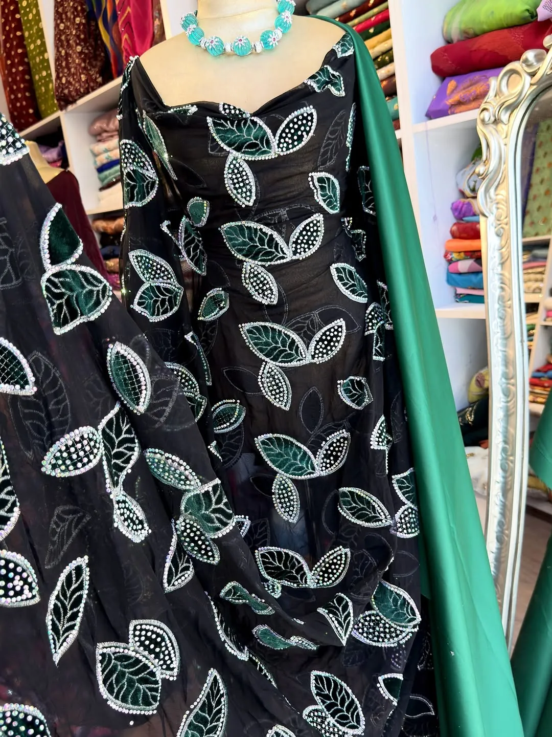 Black Evening Dress with Leaf Embroidery