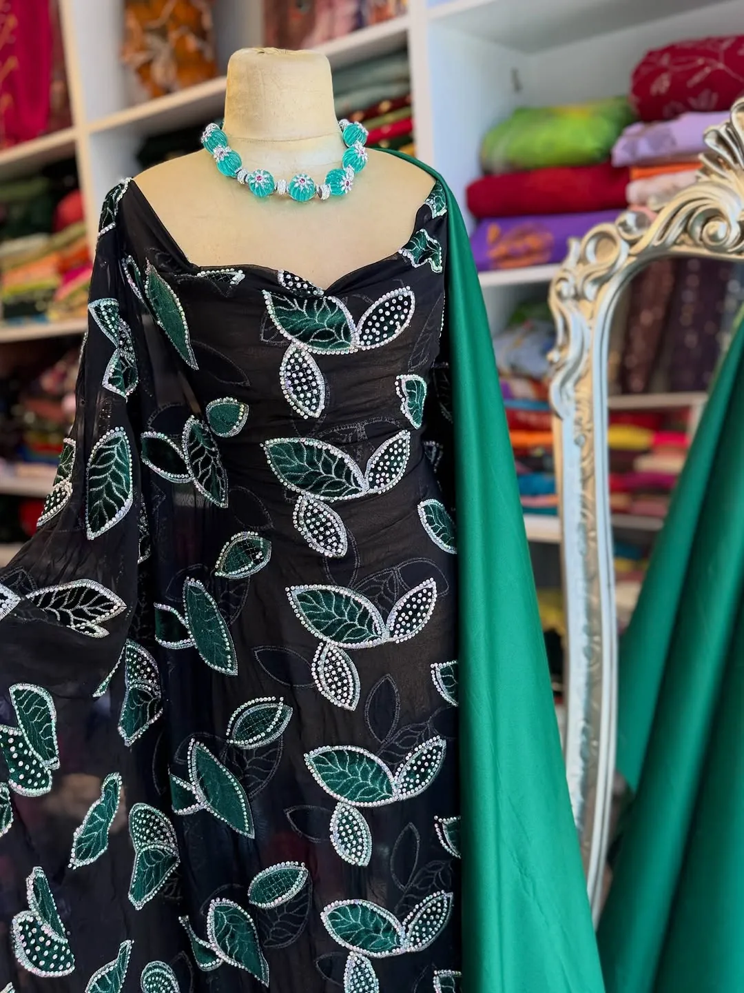 Black Evening Dress with Leaf Embroidery
