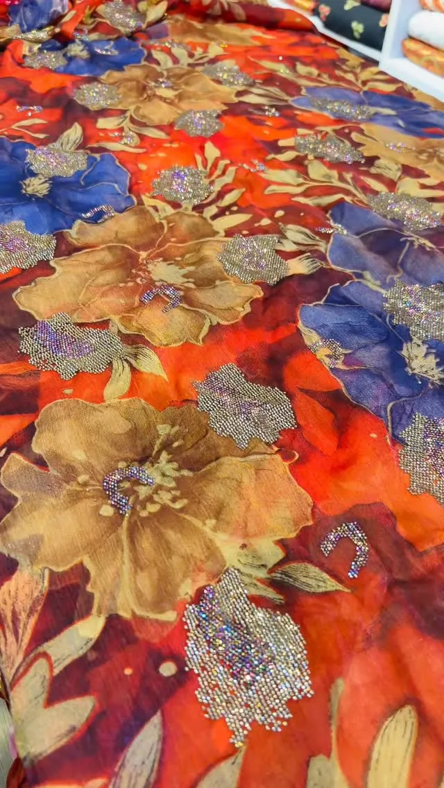 Floral Patterned Fabric with Rhinestones