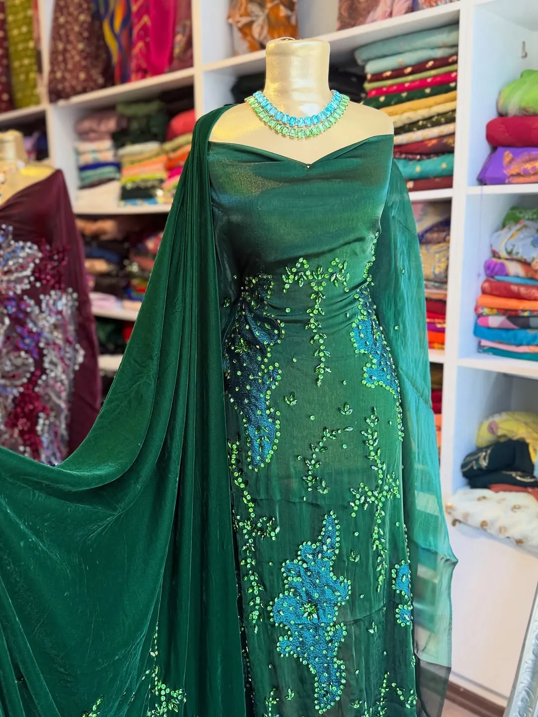 Green Beaded Evening Dress