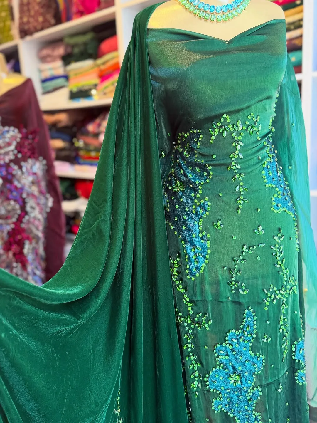 Green Beaded Evening Dress