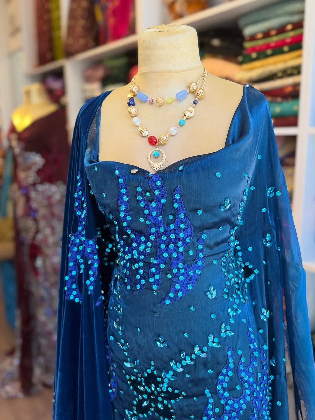 Blue Embellished Evening Gown with Necklace