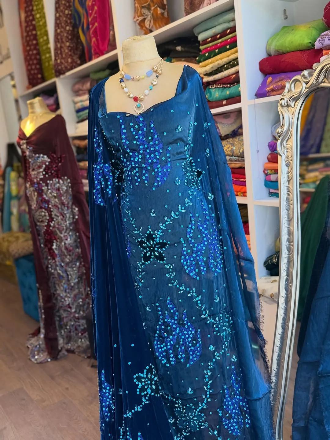 Blue Embellished Evening Gown with Necklace