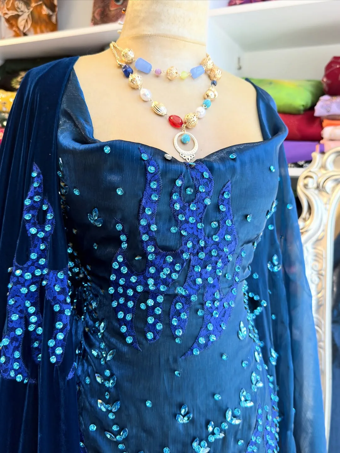 Blue Embellished Evening Gown with Necklace