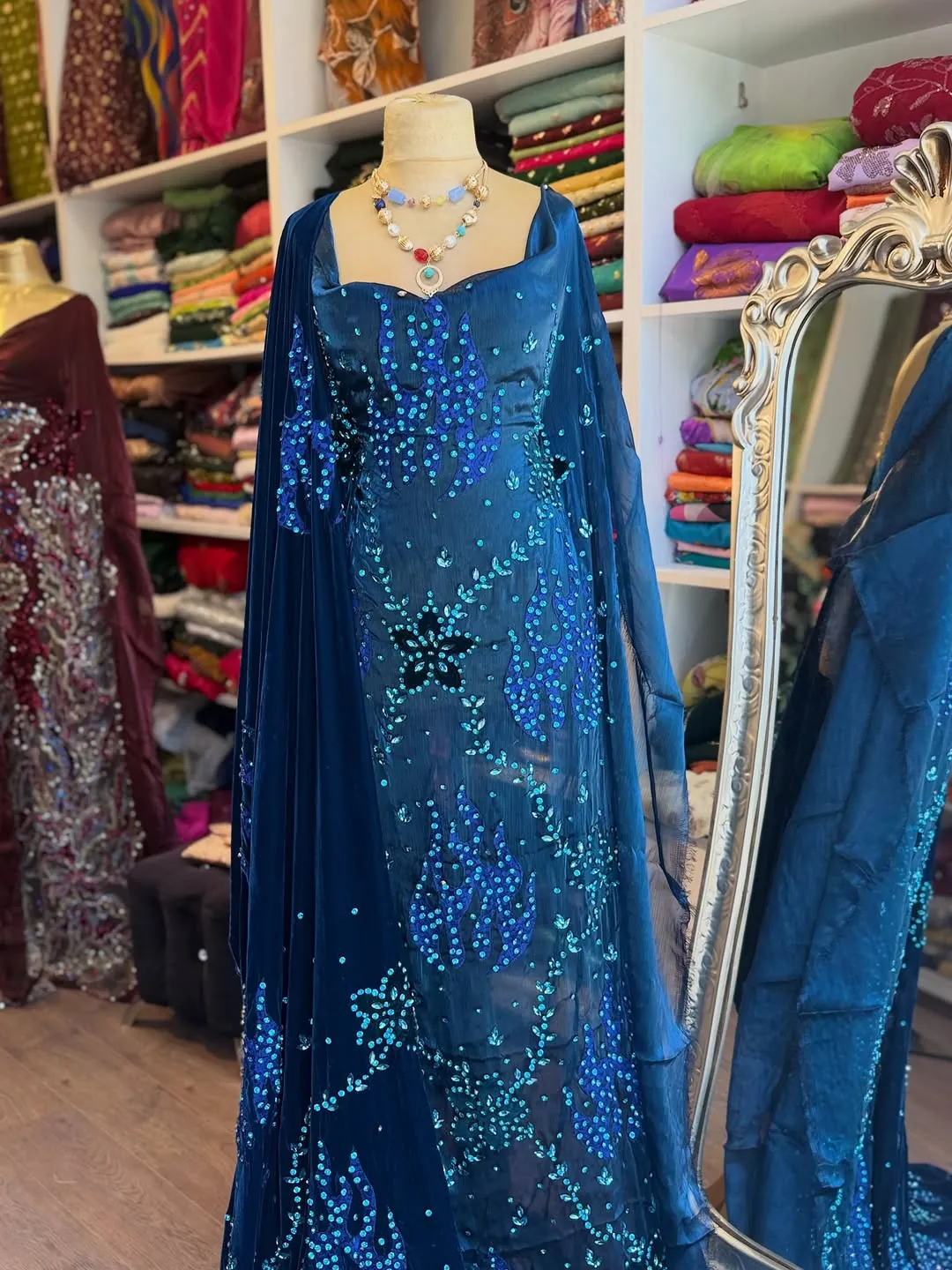 Blue Embellished Evening Gown with Necklace