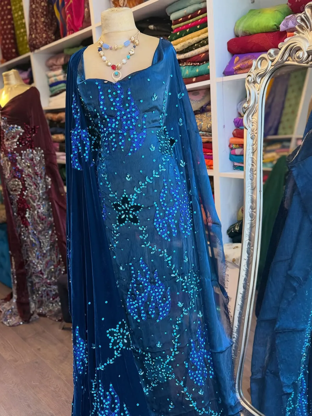 Blue Embellished Evening Gown with Necklace
