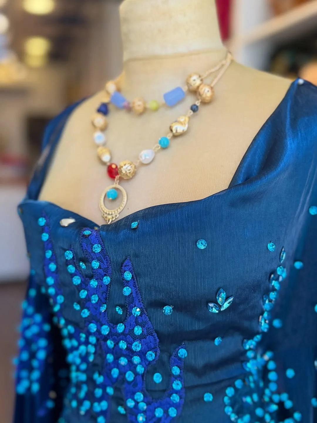 Blue Embellished Evening Gown with Necklace