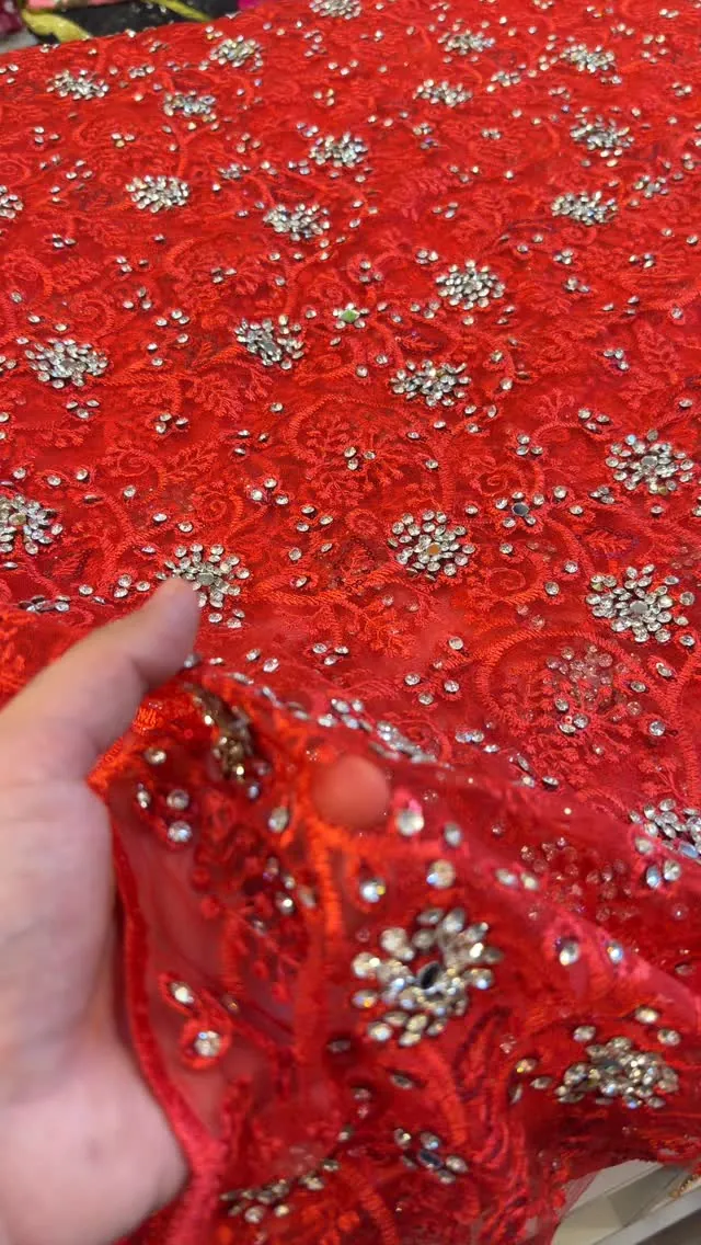 Red Embroidered Lace Fabric