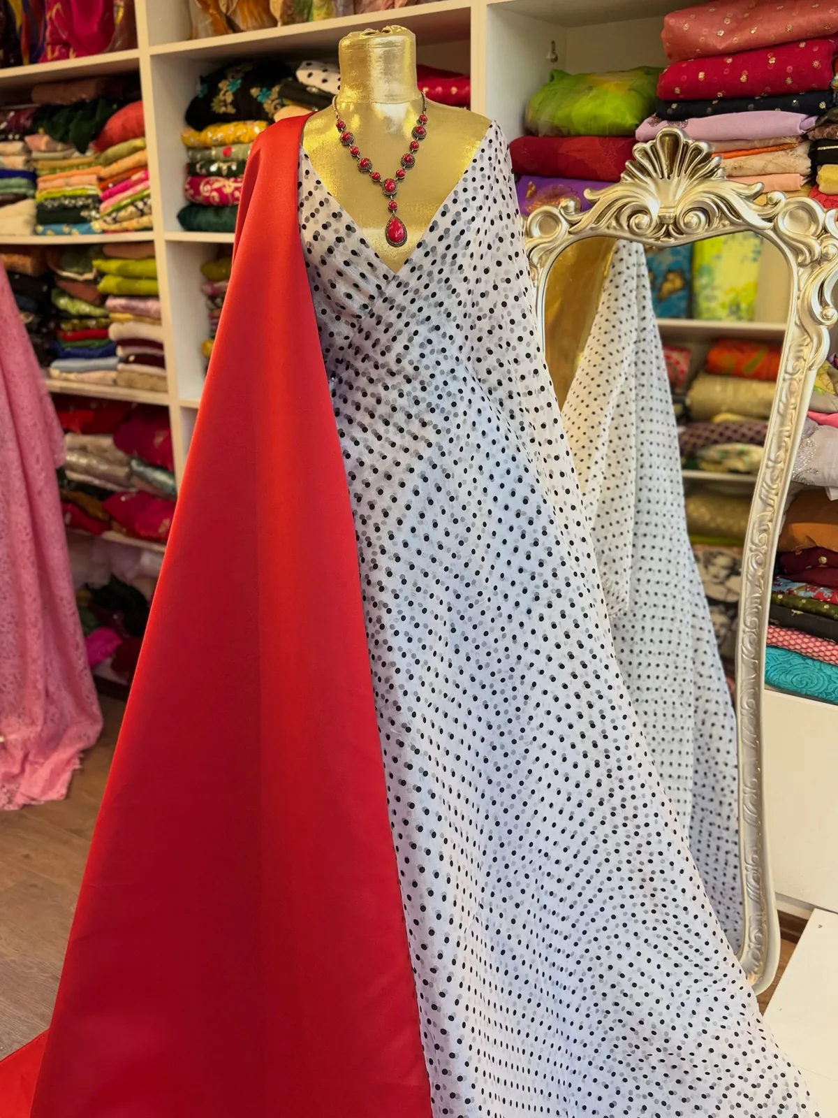 White Polka Dot Dress with Red Wrap