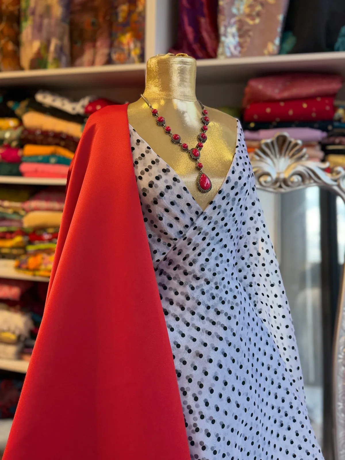 White Polka Dot Dress with Red Wrap