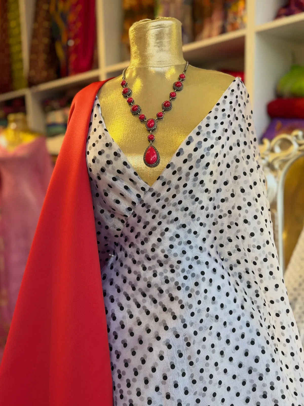 White Polka Dot Dress with Red Wrap