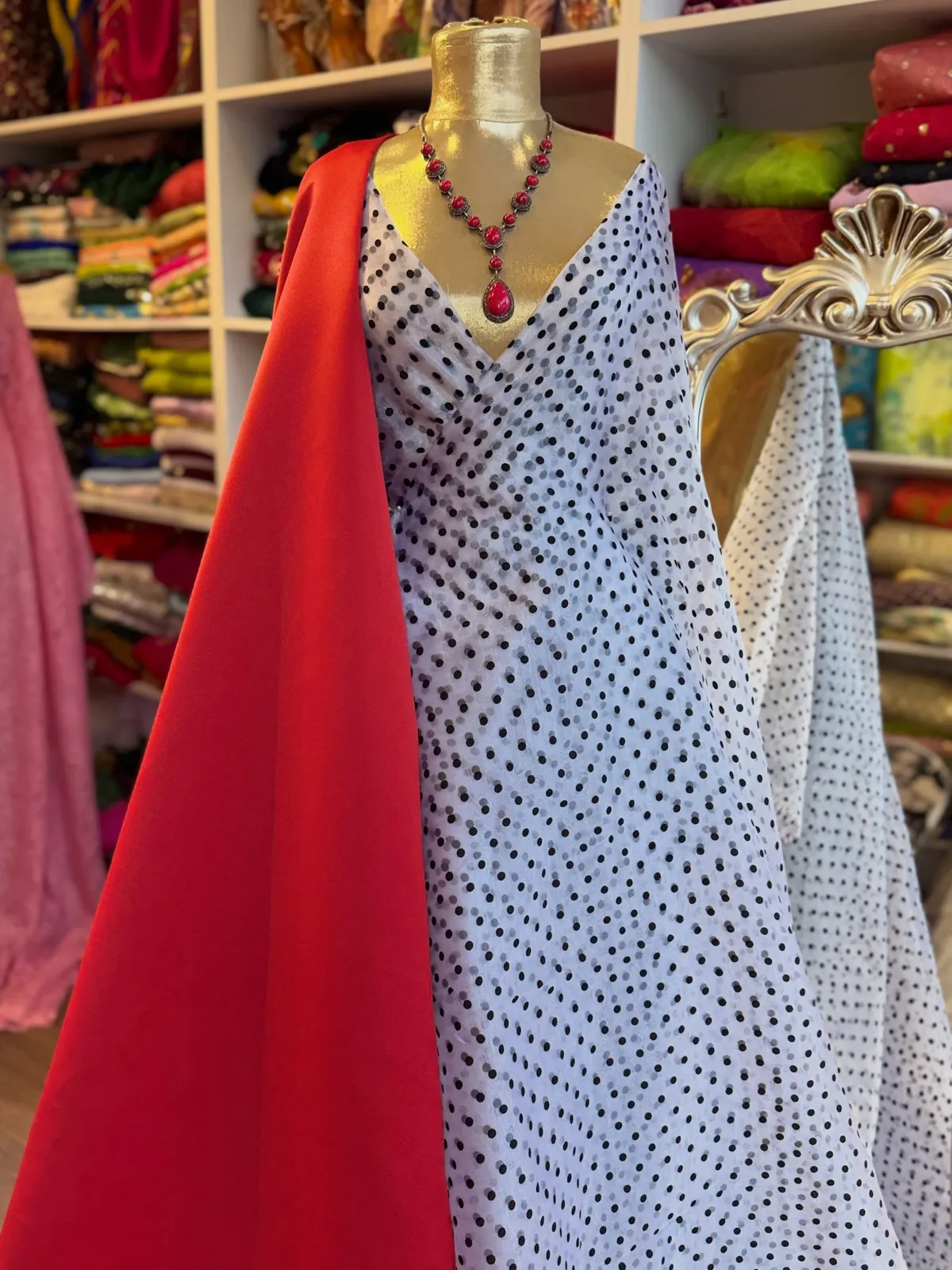 White Polka Dot Dress with Red Wrap