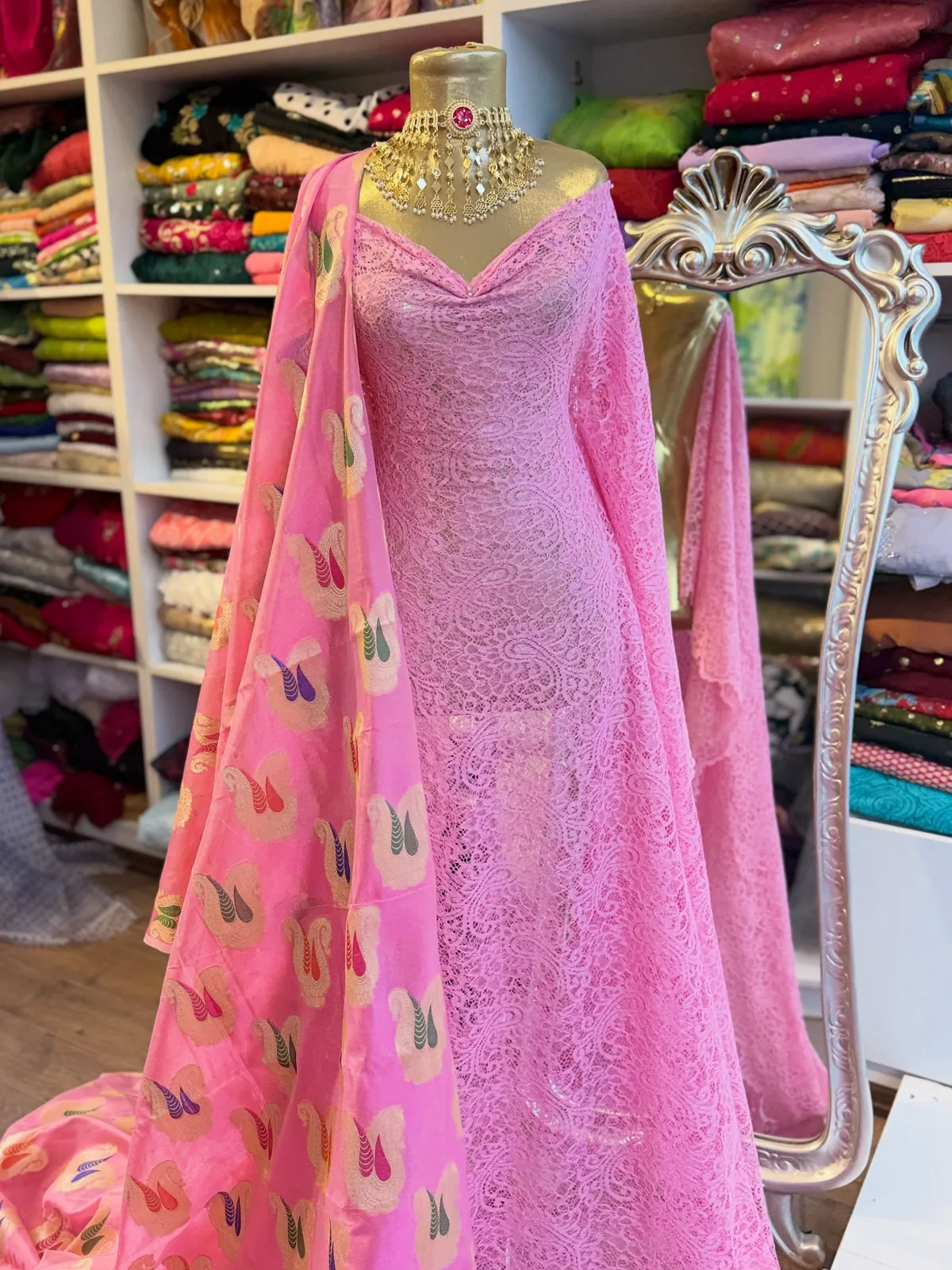 Pink Lace Evening Dress with Shawl