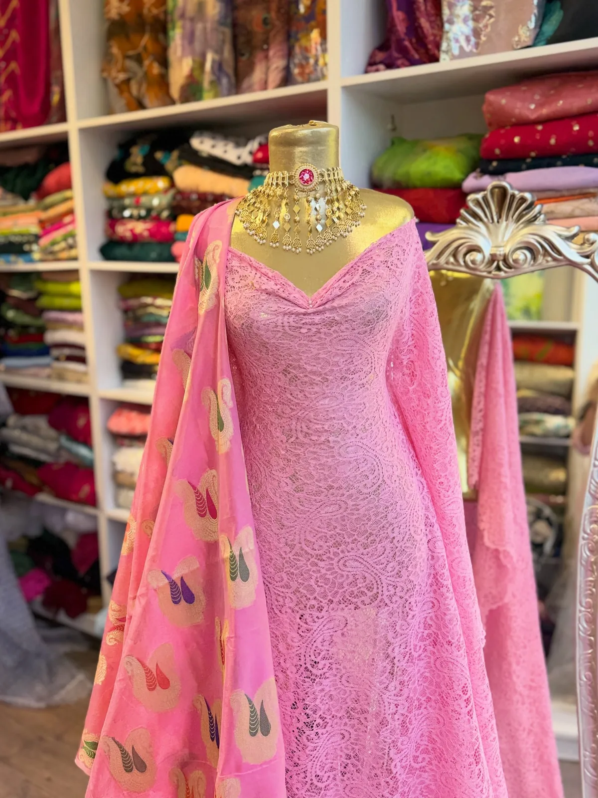 Pink Lace Evening Dress with Shawl