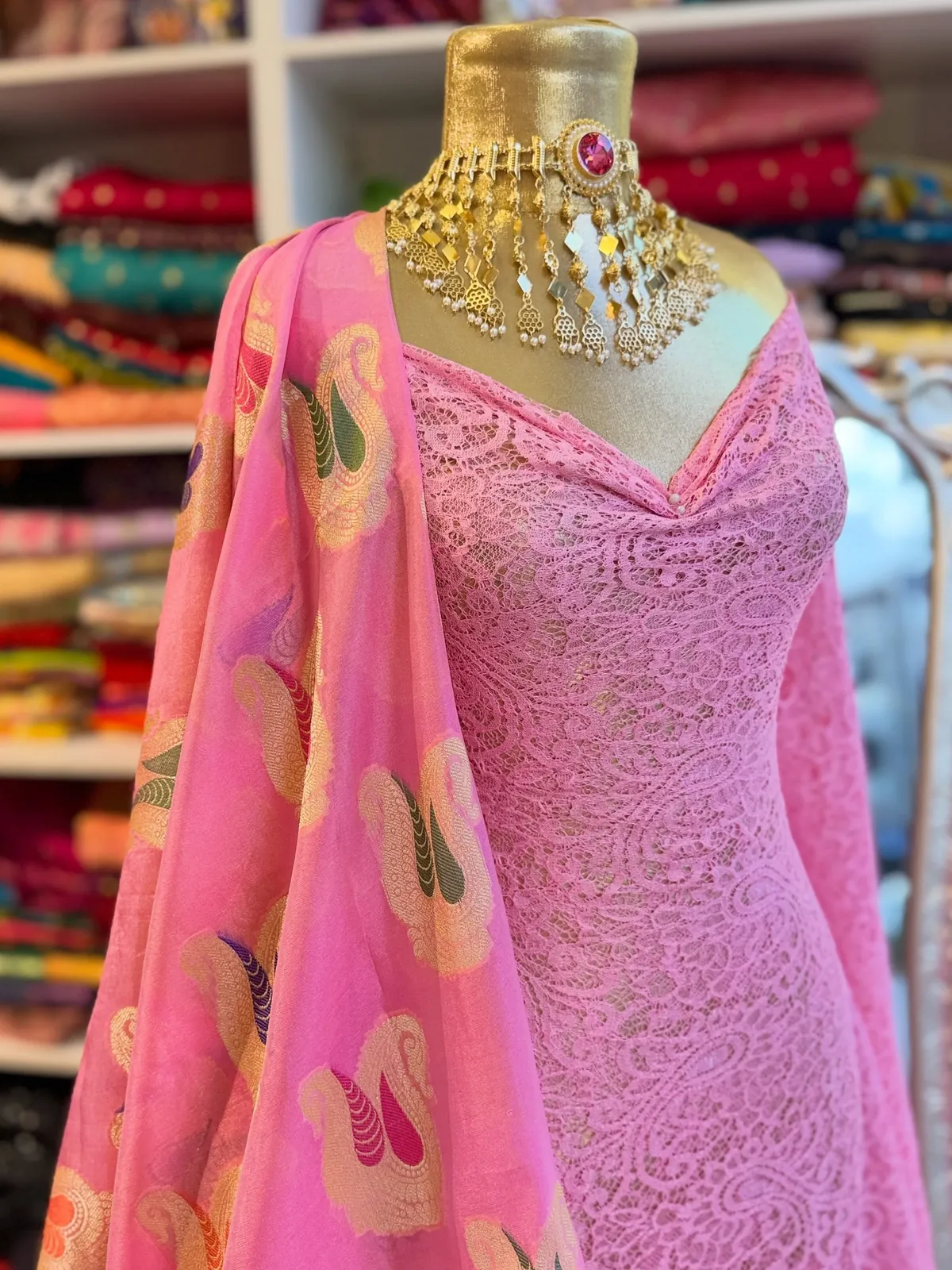Pink Lace Evening Dress with Shawl