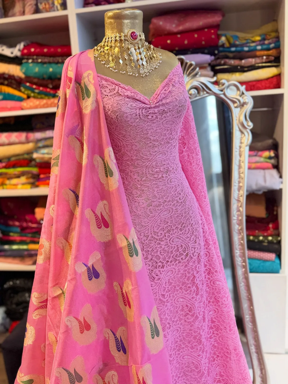 Pink Lace Evening Dress with Shawl