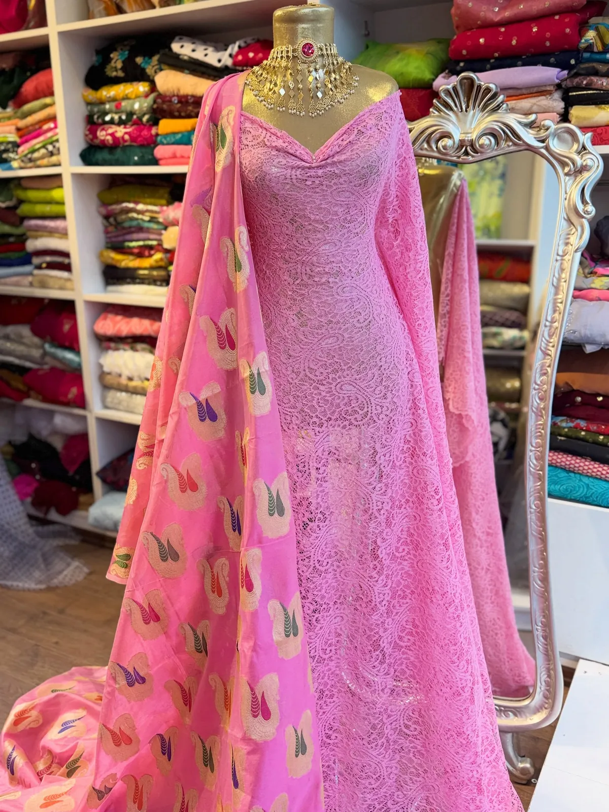 Pink Lace Evening Dress with Shawl