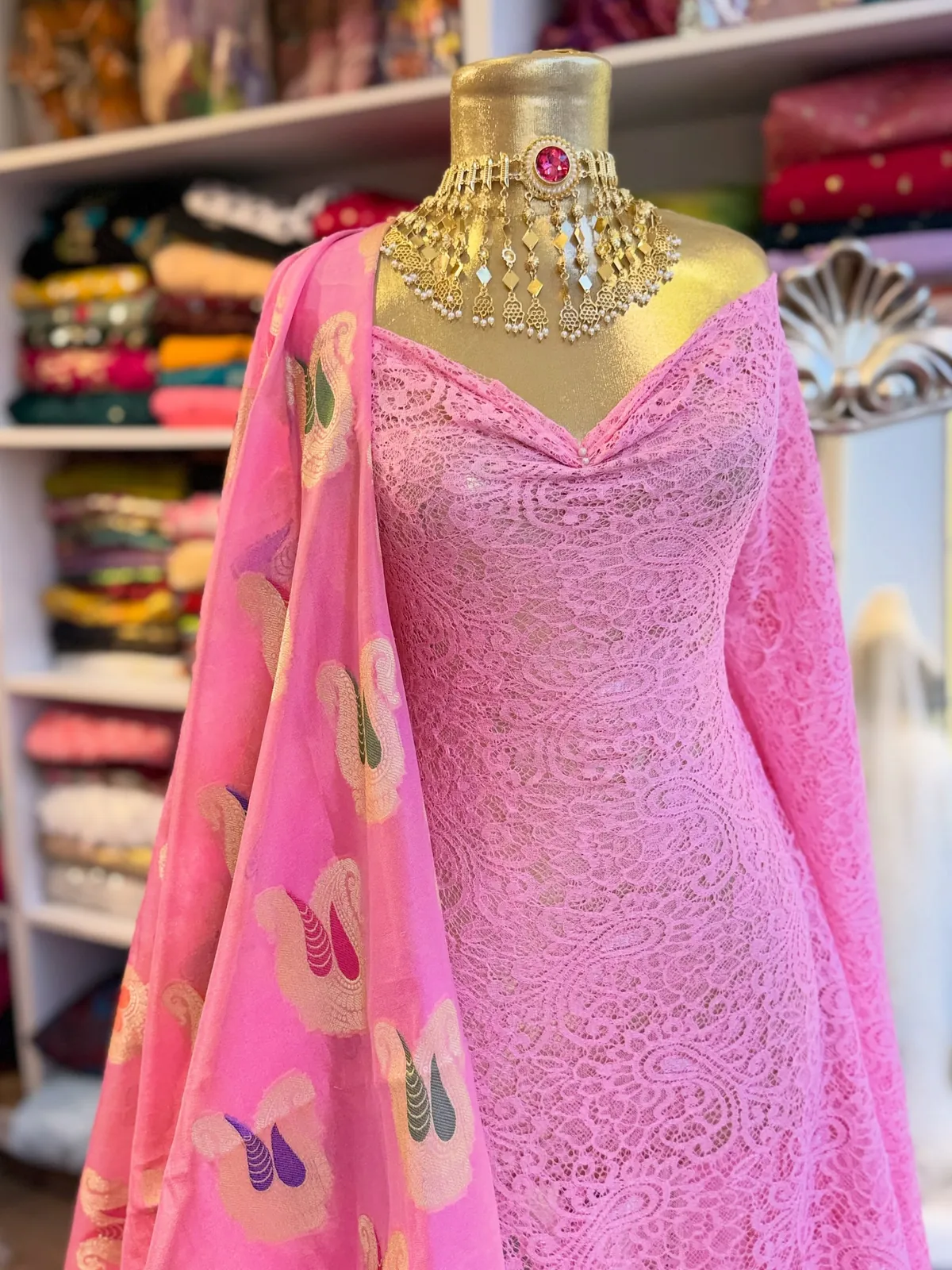 Pink Lace Evening Dress with Shawl
