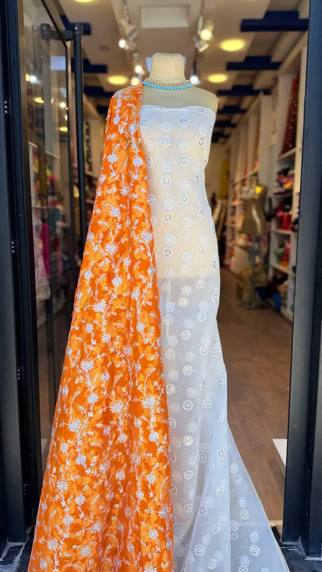 White Embroidered Dress with Orange Shawl