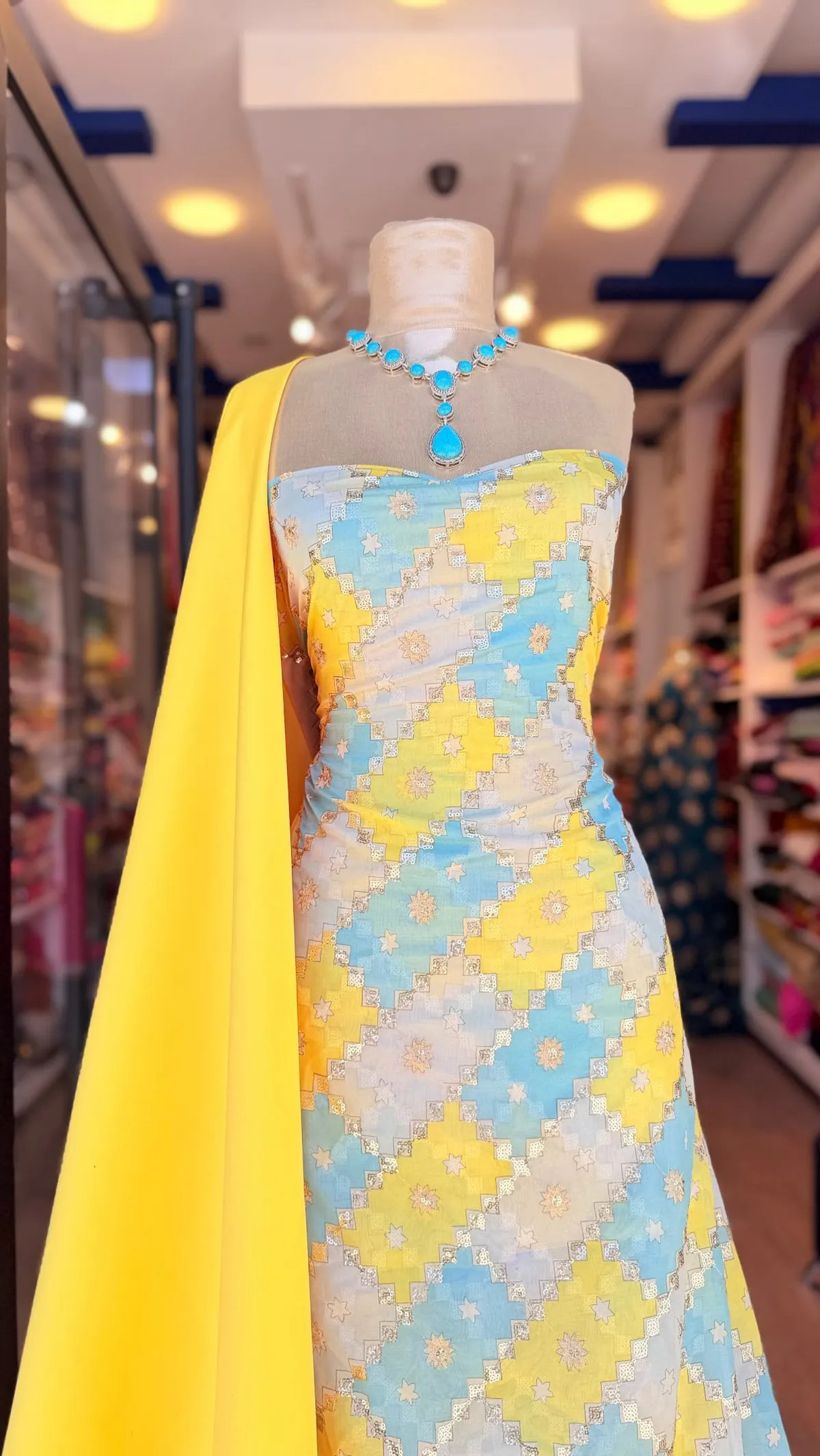 Yellow and Blue Patterned Dress