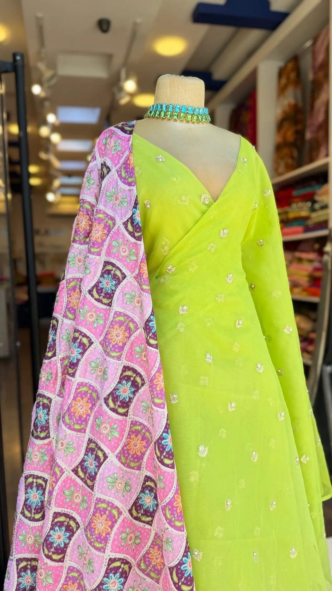 Lime Green Embroidered Dress with Patterned Shawl
