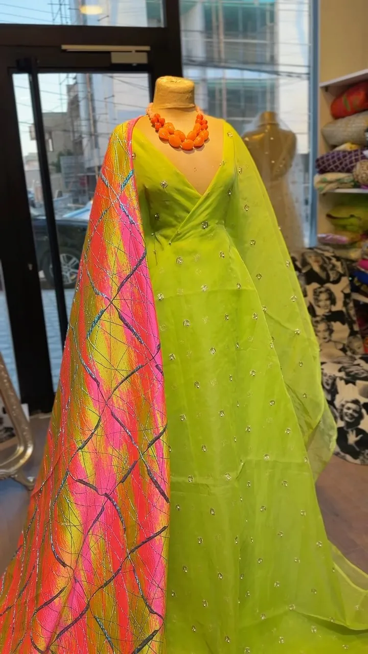 Lime Green Embroidered Dress with Colorful Shawl