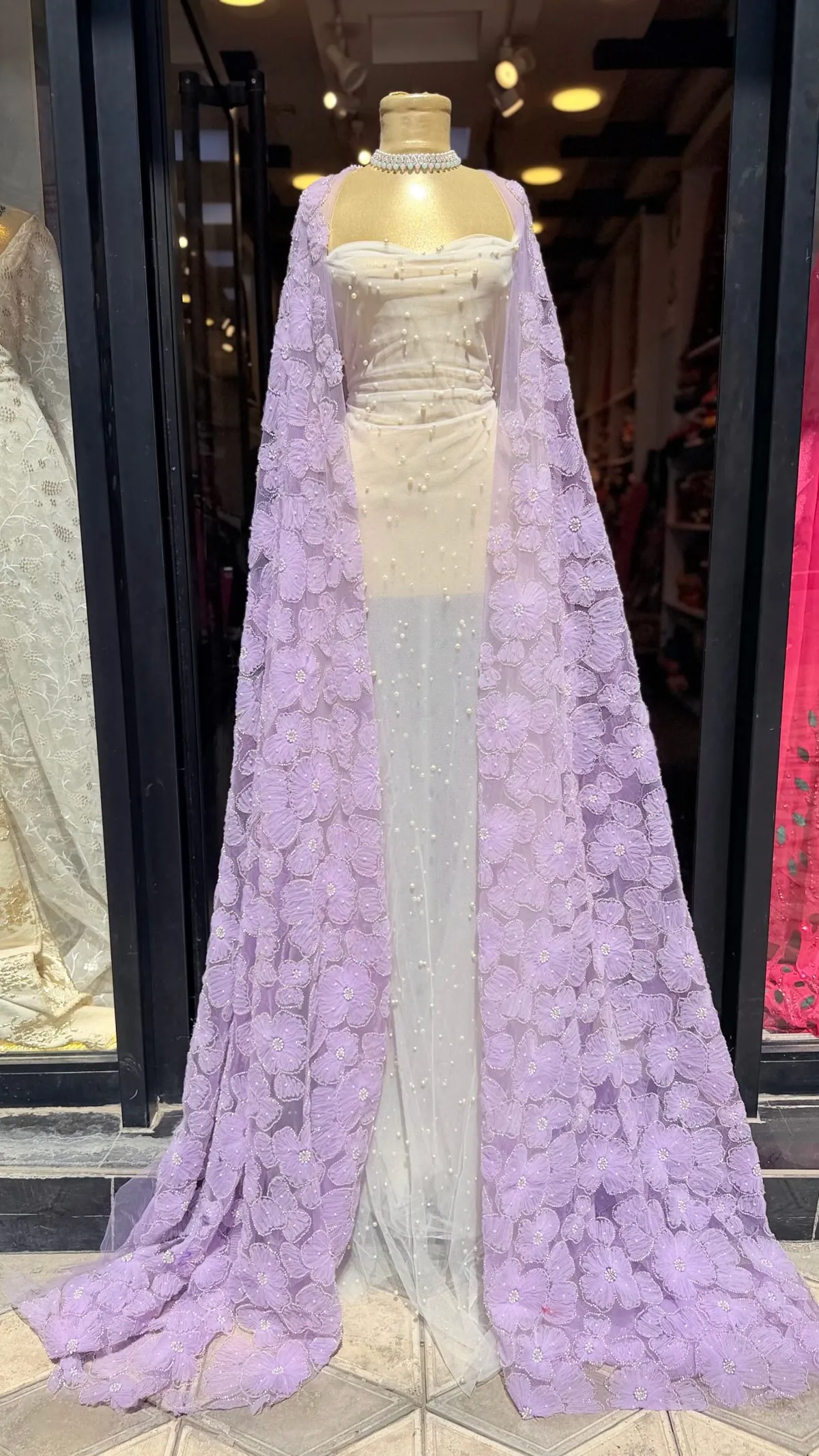 Purple Floral Lace Cape and White Dress Set