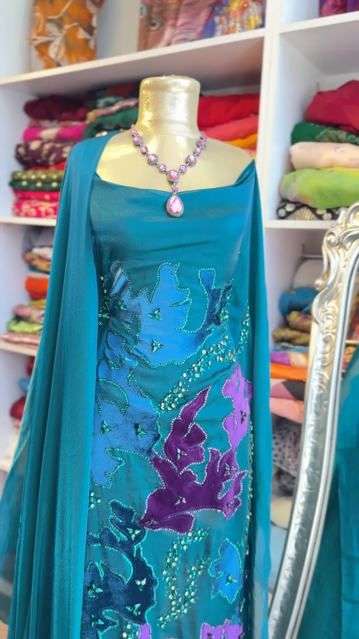 Embroidered Teal Dress Set