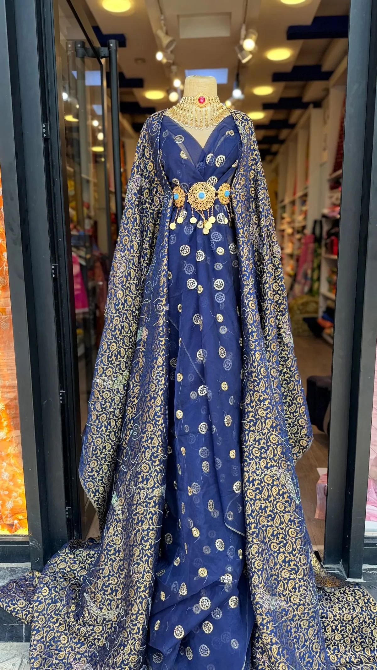 Navy Blue Embroidered Evening Gown with Cape
